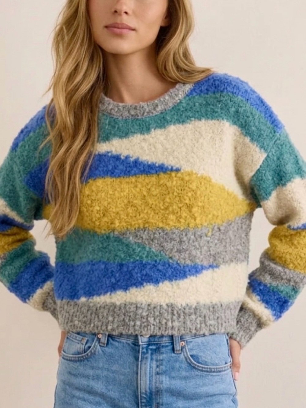 Jessica Simpson Cozy Nubby Chenille Color Blocked Cropped Sweater Size Small